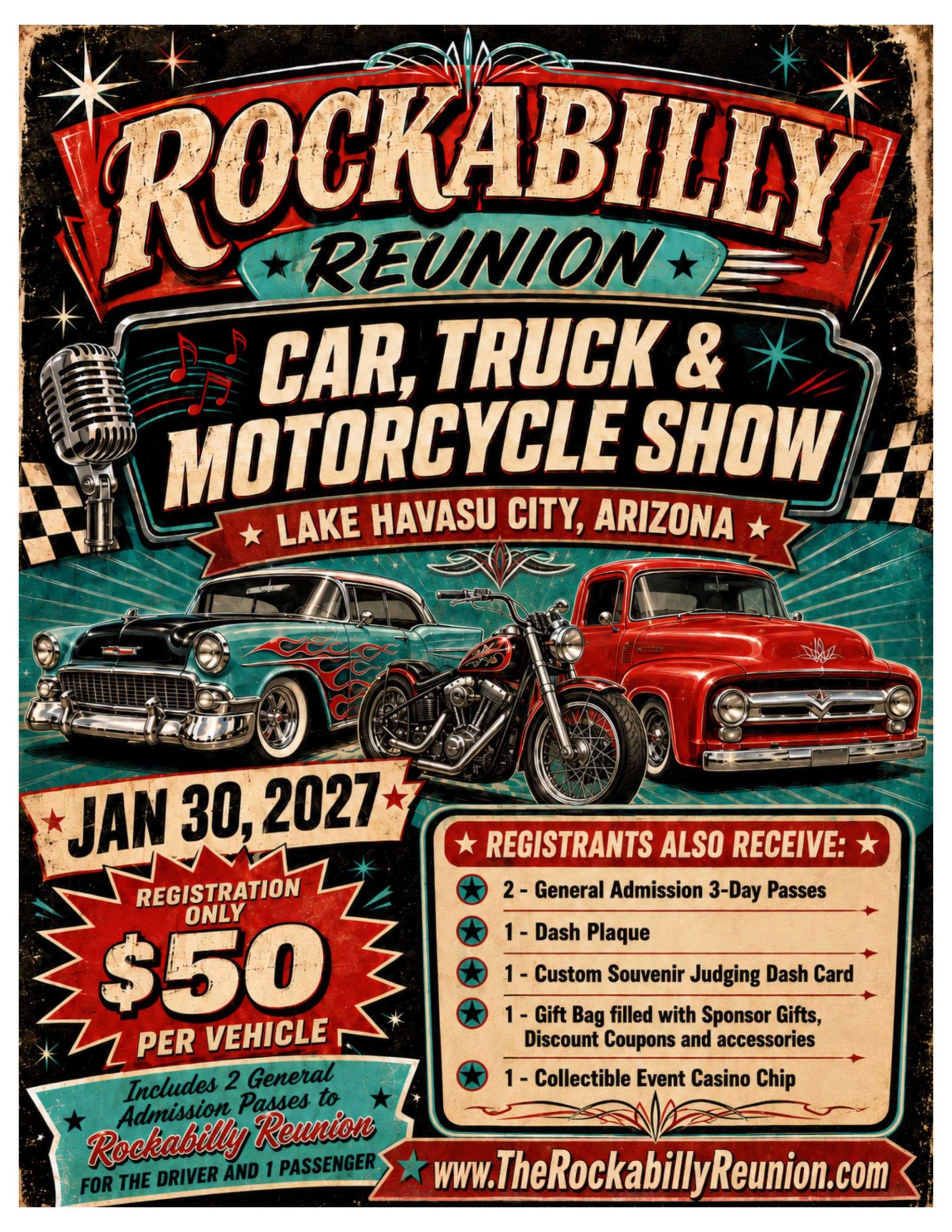 Official event image for The Rockabilly Reunion Car, Truck and Motorcycle Show